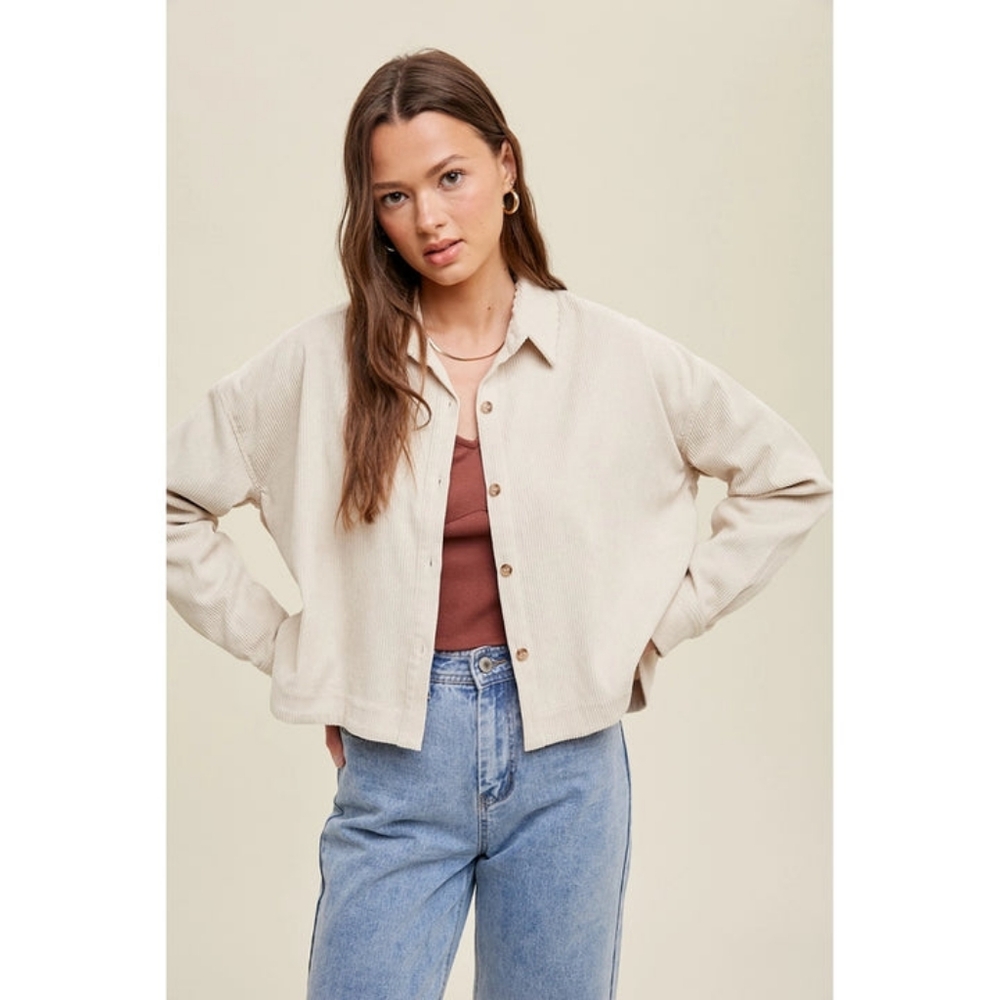 Industry Corduroy Cropped Shacket Shirt Long Sleeve Button Up Cream Women's M